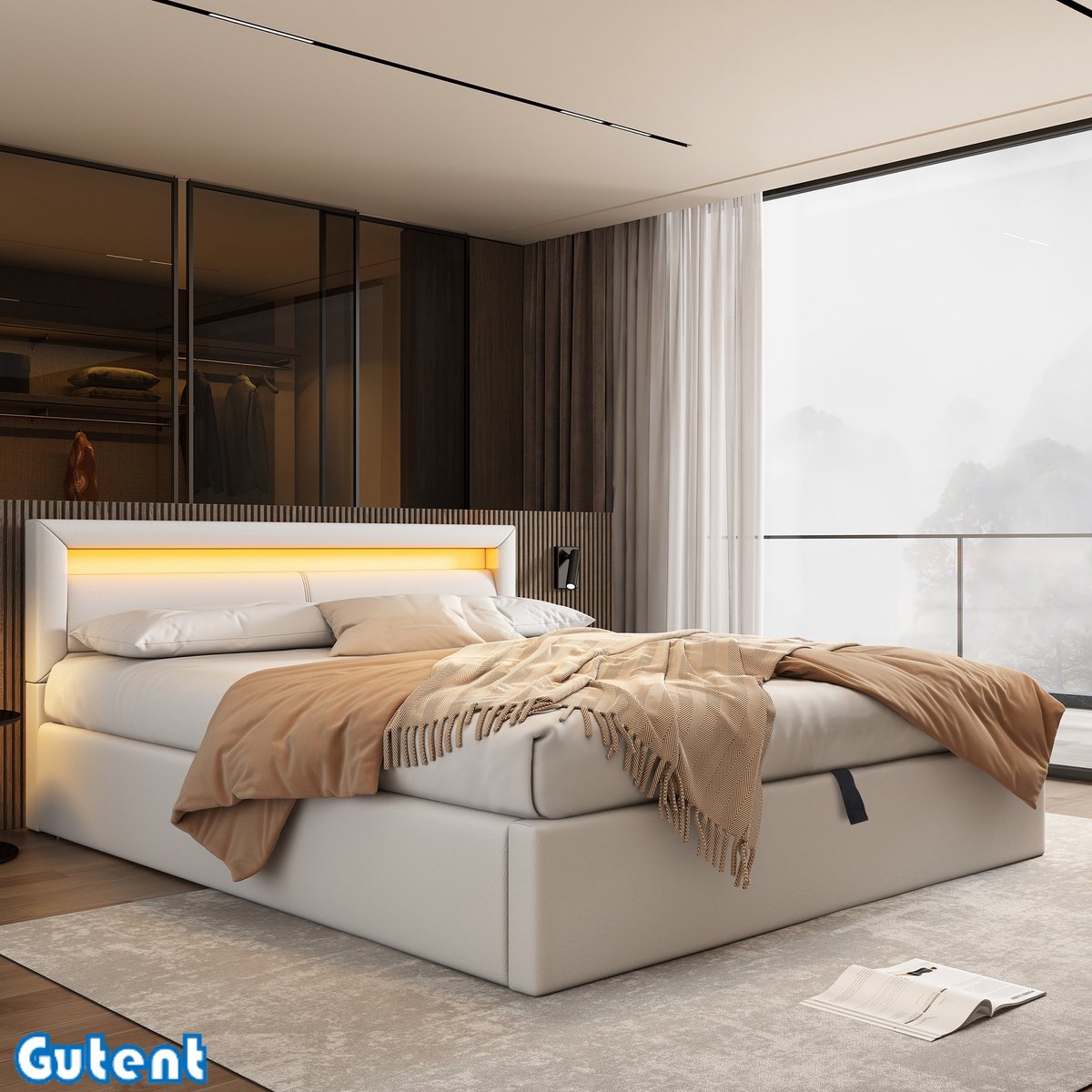 Gutent Gestoffeerd bed - 140*200 cm - met opbergruimte - met verlichting - Wit - kunstleer - Zonder matras
