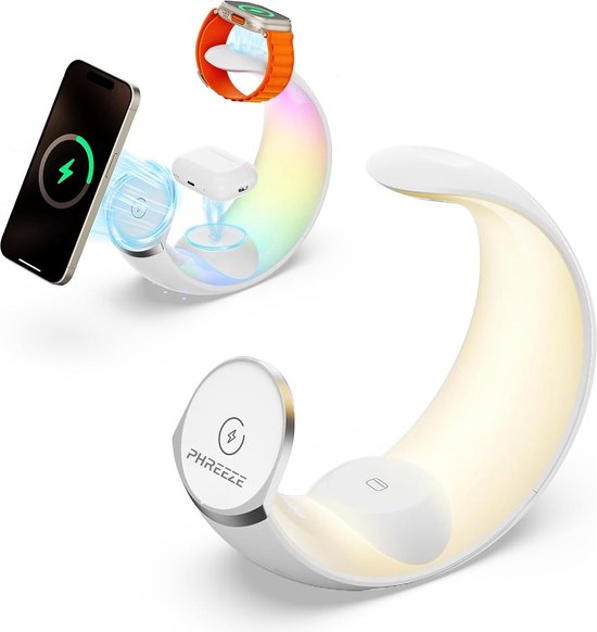 3-in-1 Oplaadstation met Nachtlamp - Geschikt voor MagSafe Oplader, Apple iPhone, AirPods en Apple Watch - Draadloze Oplader met Nachtlampje