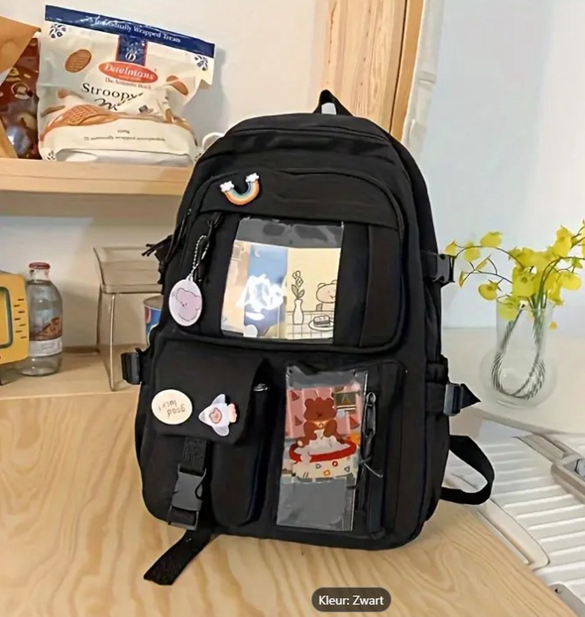Wakiki Kawaii Rugzak – School Rugzak Meisje – Schattige Tas met Pins – Waterdicht Nylon – 40x30x11 cm - zwart