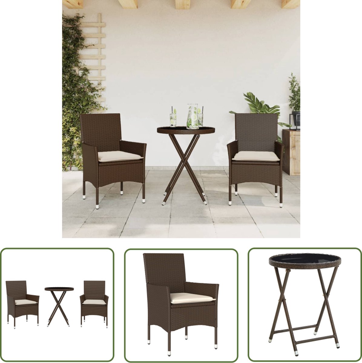 The Living Store 3-delige Bistroset met kussens poly rattan en glas bruin - Bistroset - Tuinset - Buitenshuis Eten - Tuinmeubel - Patio Set