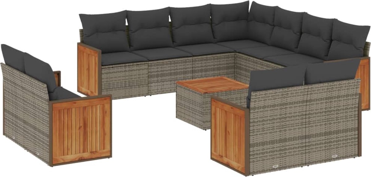 The Living Store 12-delige Loungeset met kussens poly rattan grijs - Loungeset - Tuinbank - Lounge Set - Buitendecoratie - Tuinmeubels