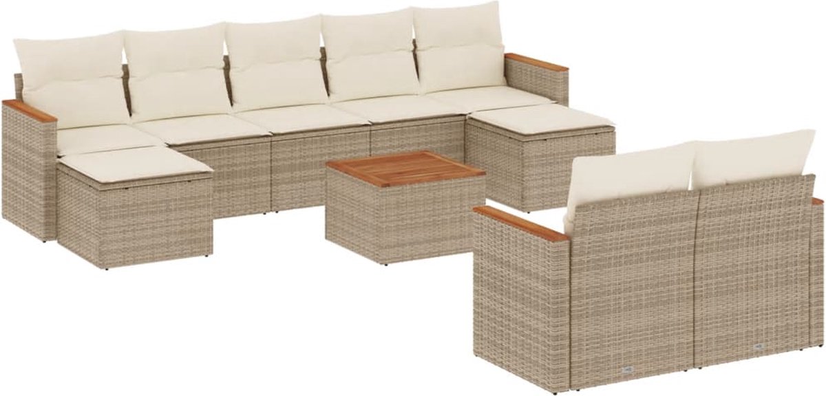 The Living Store 10-delige Loungeset met kussens poly rattan beige - Tuin Lounge Set - Loungebank - Buitendining - Buitenkamer - Relaxen