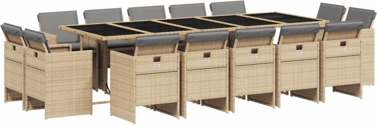 The Living Store 15-delige Tuinset met kussens poly rattan gemengd beige - Tuinset - Eetkamerset - Buitentafel - Buistolen - Lounge Set