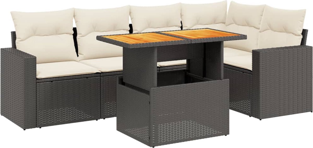 The Living Store 6-delige Loungeset met kussens poly rattan zwart - Loungebank - Tuinset - Lounge Set - Buitendecoratie - Garden Furniture