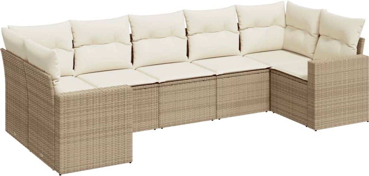 The Living Store 7-delige Loungeset met kussens poly rattan beige - Loungeset - Tuinset - Buitendecoratie - Loungehoek - Relaxstoel