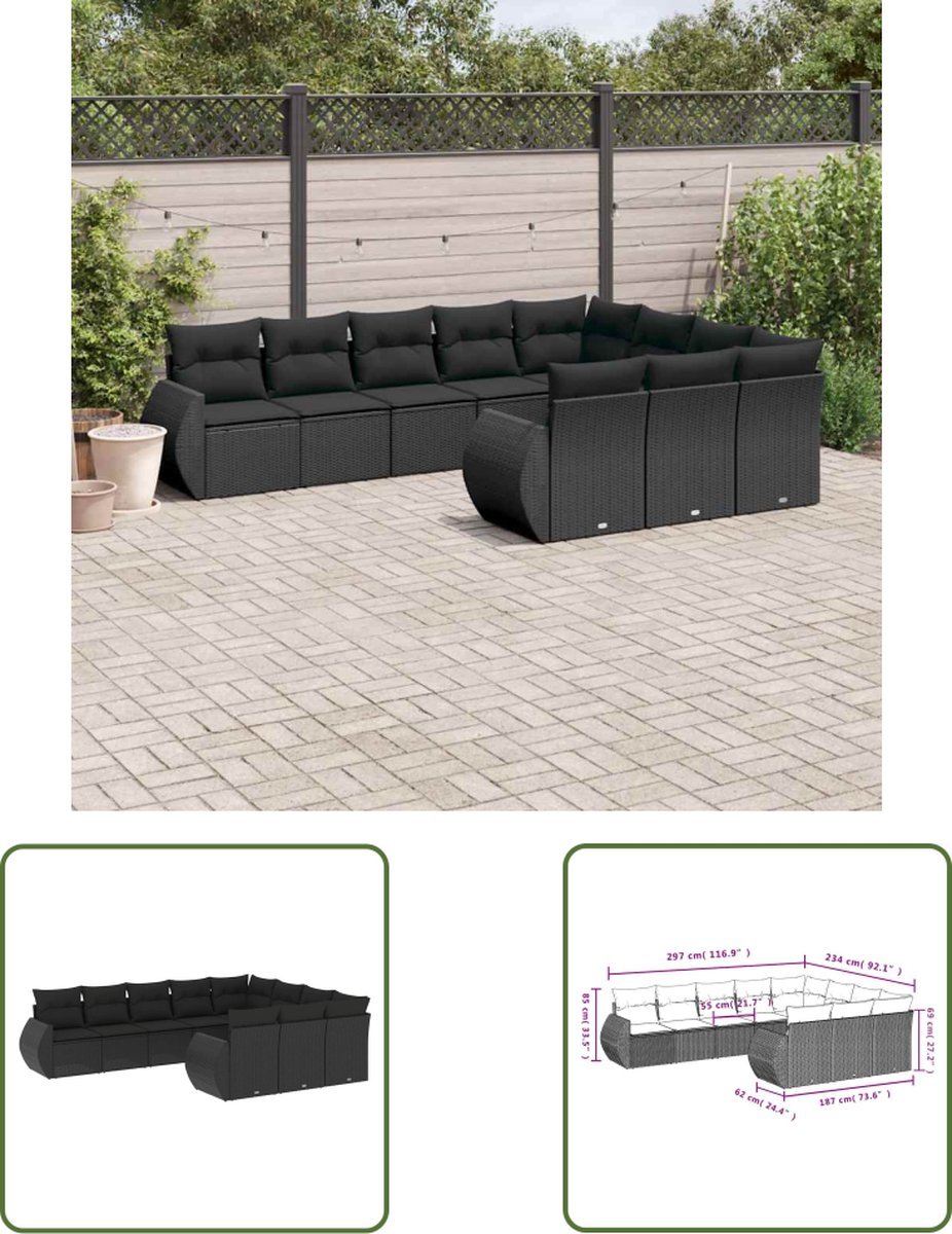 The Living Store 10-delige Loungeset met kussens poly rattan zwart - Loungeset - Tuinset - Lounge Set - Pe Rattan - Outdoor Furniture