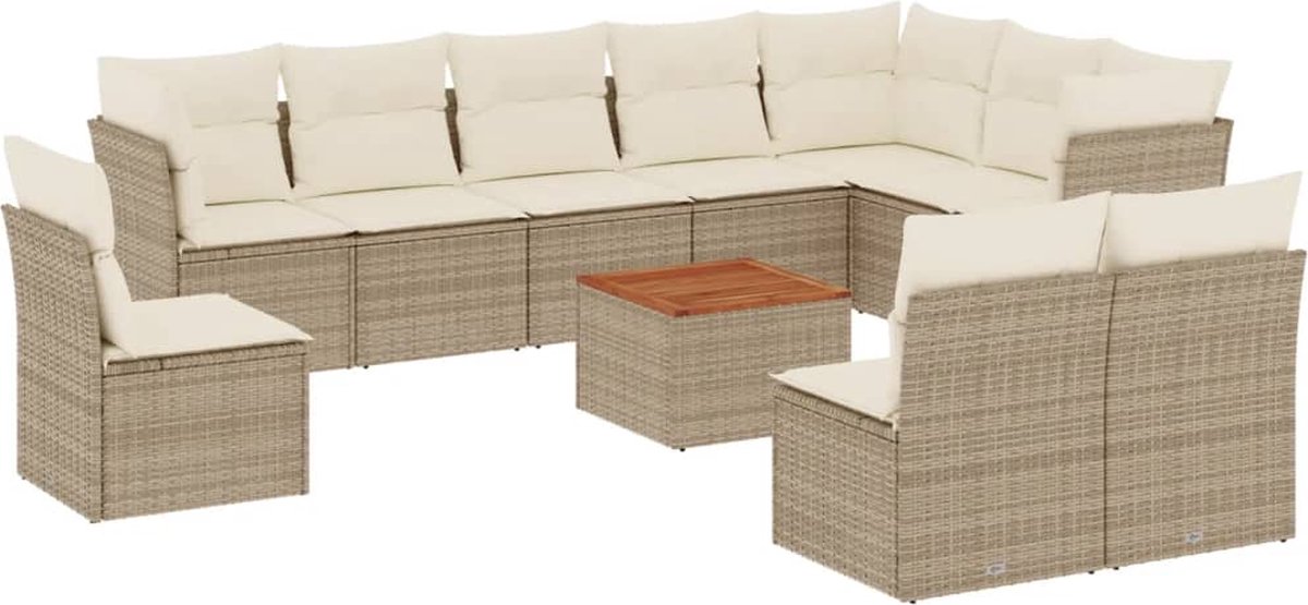The Living Store 11-delige Tuinset met kussens poly rattan beige - Loungeset - Tuinbank - Buitendecoratie - Lounge Set - Tuinmeubels
