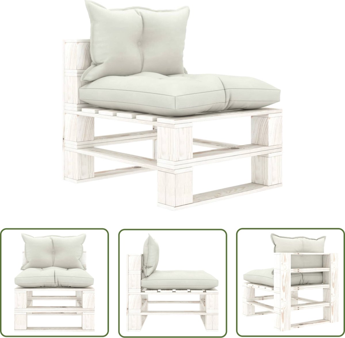 Tuinmeubel in beige/wit grenenhout/stof met lounge set, tuinstoel, loungestoel, relax stoel voor buiten.