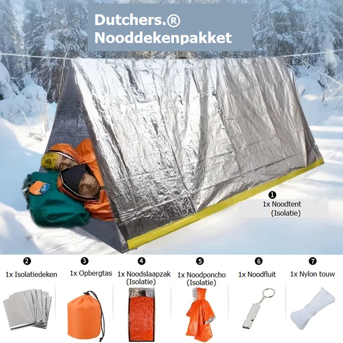 Dutchers.® Nooddekenpakket - * - Set van 8 Benodigdheden - Noodsituaties - Inclusief Multifunctionele Overlevingsarmband - Noodfluitje - Noodtent - Isolatie Poncho - Isolatiedeken - Reddingsdeken - Overlevingspakket - Survivalset