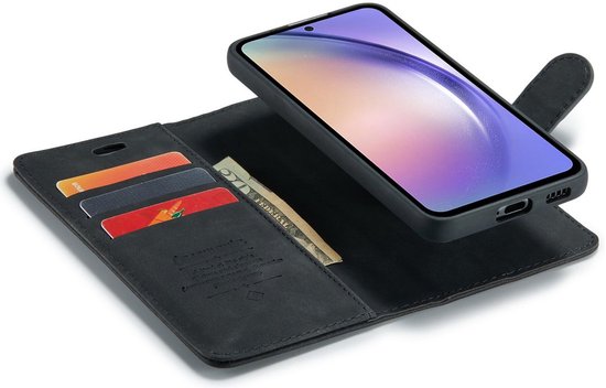 Étui portefeuille noir avec deux porte-cartes et compartiments pour billets, téléphone inséré.