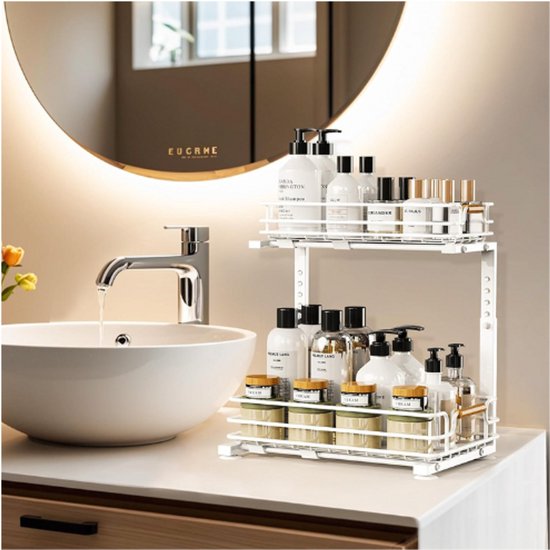 JYPS 2 Tier Sink Organiser Metal 2 Pieces Shelf Organiser Height Adjustable 44.5 cm Kitchen Rack Extendable Cleaning Tool Organizer for Cupboard Bathroom Black
