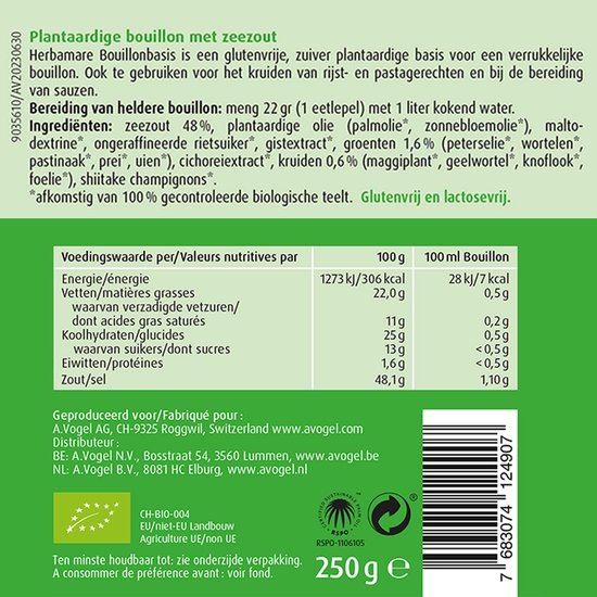 Achterkant blik Herbamare bouillon met voedingswaarden tabel, ingrediënten en biologische certificeringen.