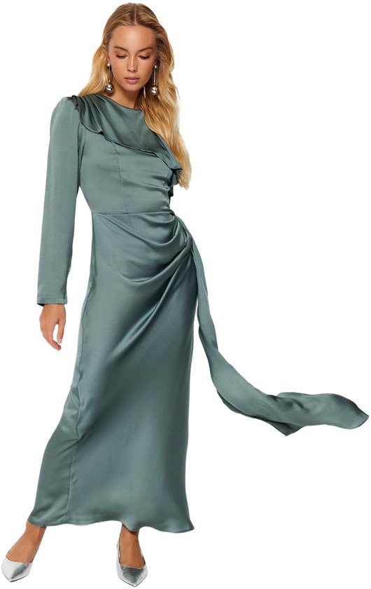 Trendyol Mint Shawl Gedetailleerde Satijnen Avondjurk Tctaw24Db00004