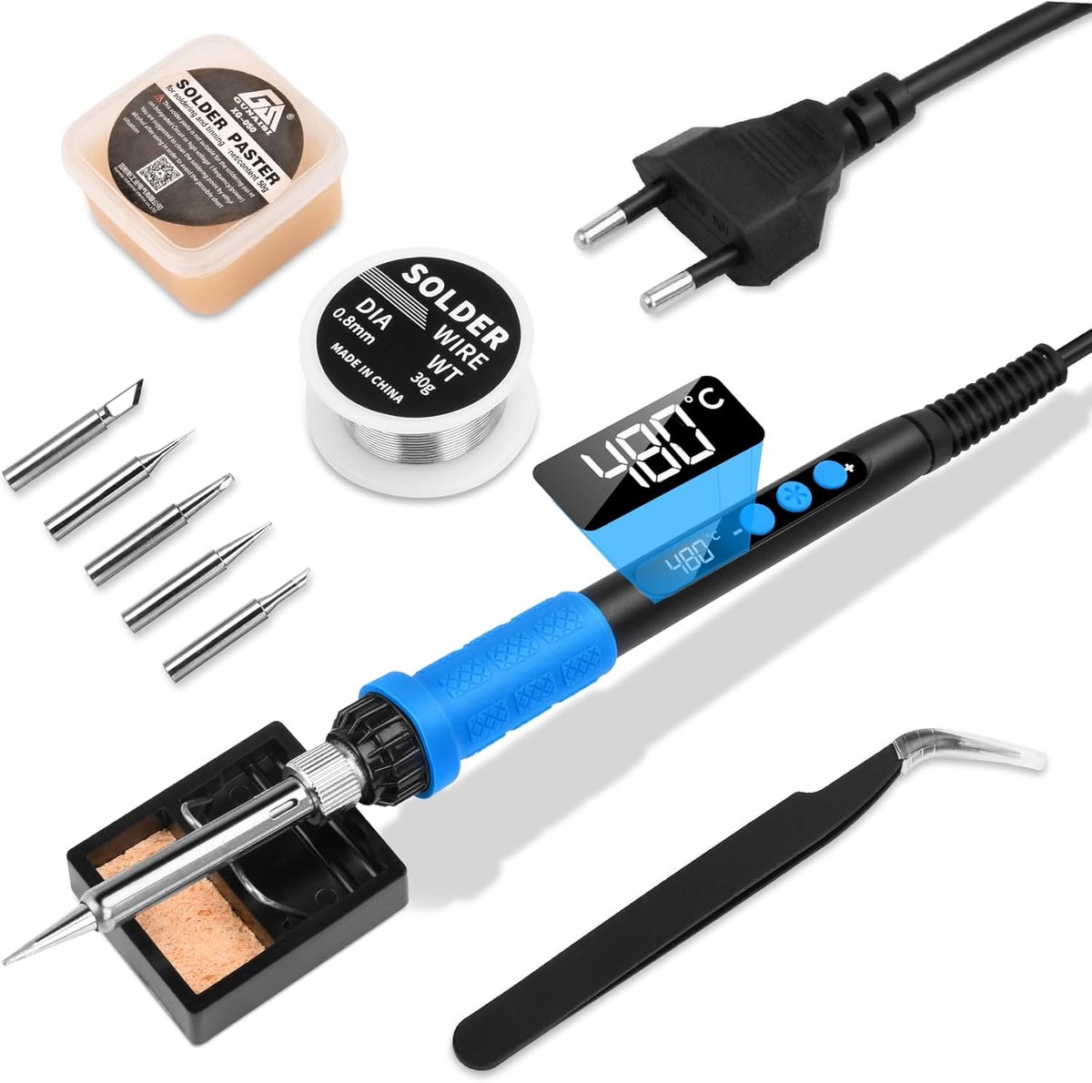 Soldeerboutset 90W met instelbare temperatuur 180°C - 480°C en LCD-scherm, inclusief soldeerdraad en 5 soldeerpunten