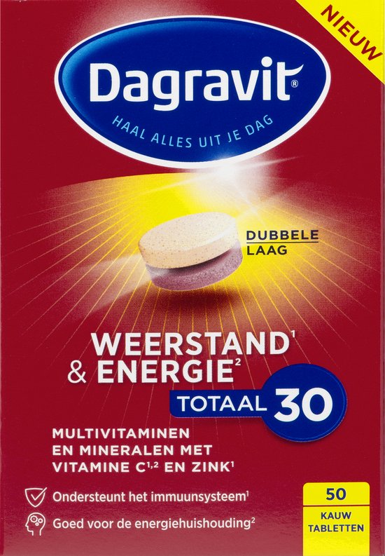 Rood verpakking met Dagravit logo, twee pillen met dubbele laag, "Weerstand & Energie Totaal 30" en 50 kauwtabletten.