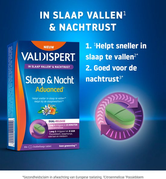 Valdispert Slaap & Nacht Advanced verpakking met de tekst "IN SLAAP VALLEN & NACHTRUST" en een tablet-illustratie.