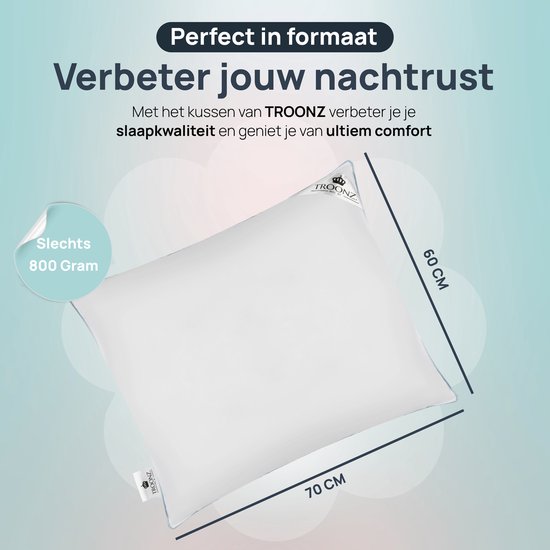 Witte Troonz kussen 70x60 cm, slechts 800 gram. Perfect in formaat voor nachtrust.