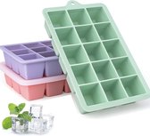 ZYLARO 3-delige siliconen ijsblokjesvorm - ijsblokjesvormen - met deksel - vaatwasmachinebestendige - 3x15 cellen 3 cm grote ijsblokjes - voor bier, cocktails, whisky, koude dranken, ijs, babysnacks - groen/paars/roze