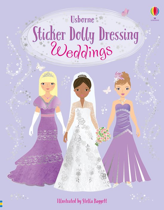 Boek met de titel 'Usborne Sticker Dolly Dressing Weddings' waarop drie poppen staan in bruidsjurken en paarse jurken.