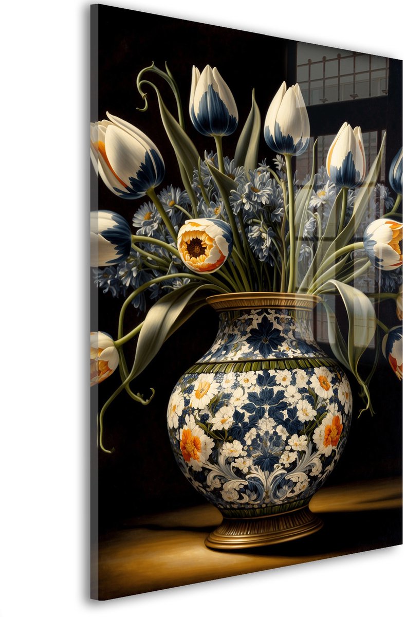 Glasschilderij Koninklijke tulpenpracht vase - 60 x 40 cm - Vaas - Bloemen en Planten - Acrylaat - Inclusief wandbevestiging - Foto op plexiglas - Wanddecoratie woonkamer – Modern – Klassiek