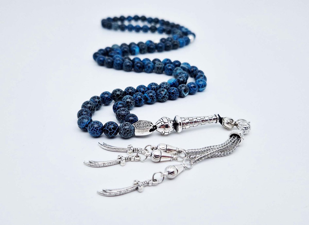 Handgemaakte tesbih "Tasbih" natuursteen " Blauwe harmonie" - Aantal kralen 99 - Diameter kralen 8MM - met metaal tassel "Zwaarden" - Een mooi cadeau-idee