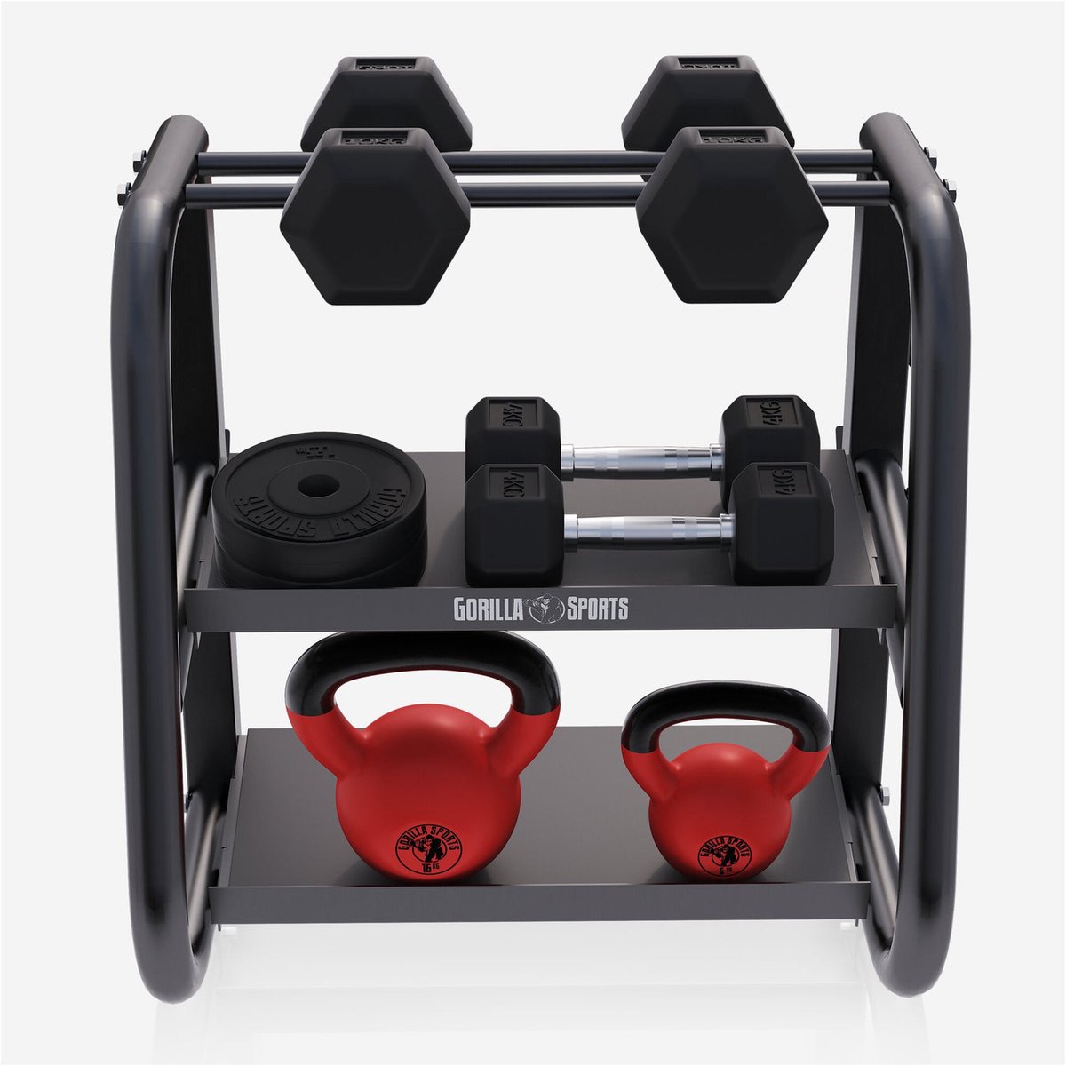 Gorilla Sports Halterstandaard - Multifunctioneel - Voor Halters, Kettlebells en Barbells - Staal - Belastbaar tot 300 kg – foto 5
