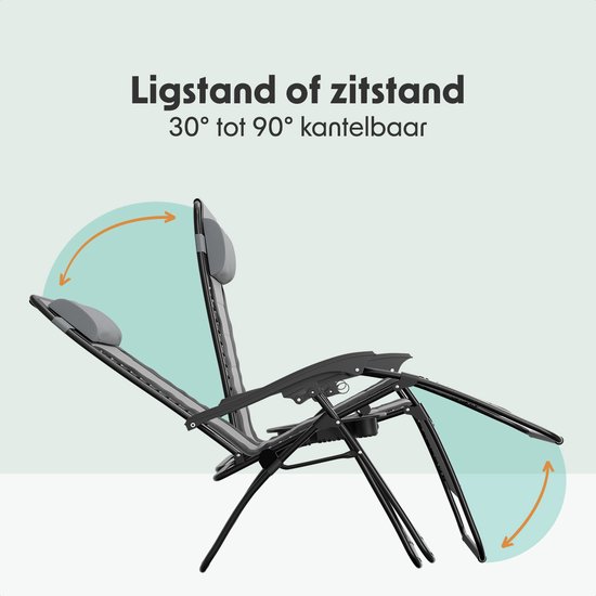 LifeGoods Ligstoel Comfort - Opvouwbaar - 30°-90° Verstelbaar - Beker en Telefoonhouder - Tuinstoel - Zwart/Grijs van Merkloos — afbeelding 4