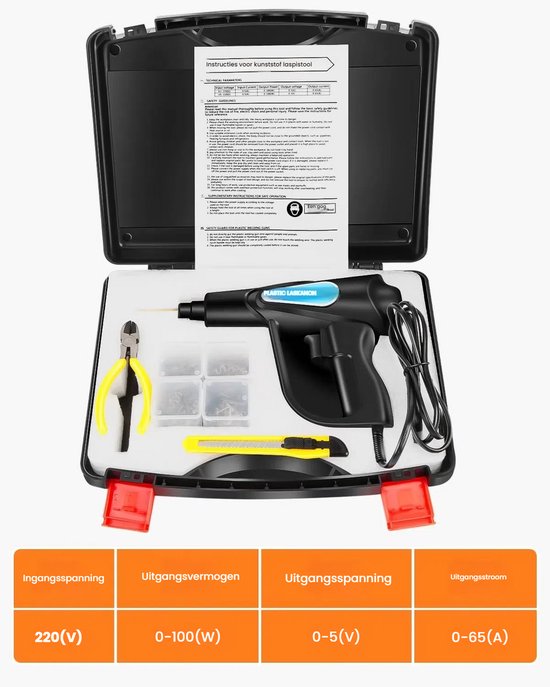 Zwarte kunststof laspistool en accessoires in een open koffer met instructies en technische specificaties.
