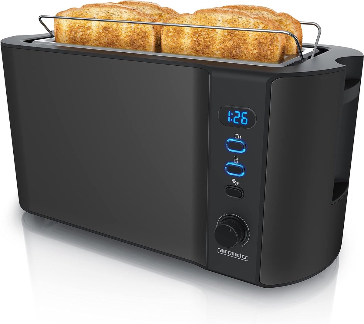 Roestvrijstalen broodrooster met lange sleuf voor 4 sneden - Ontdooifunctie, warmte-isolerende behuizing, en display met resterende tijdweergave