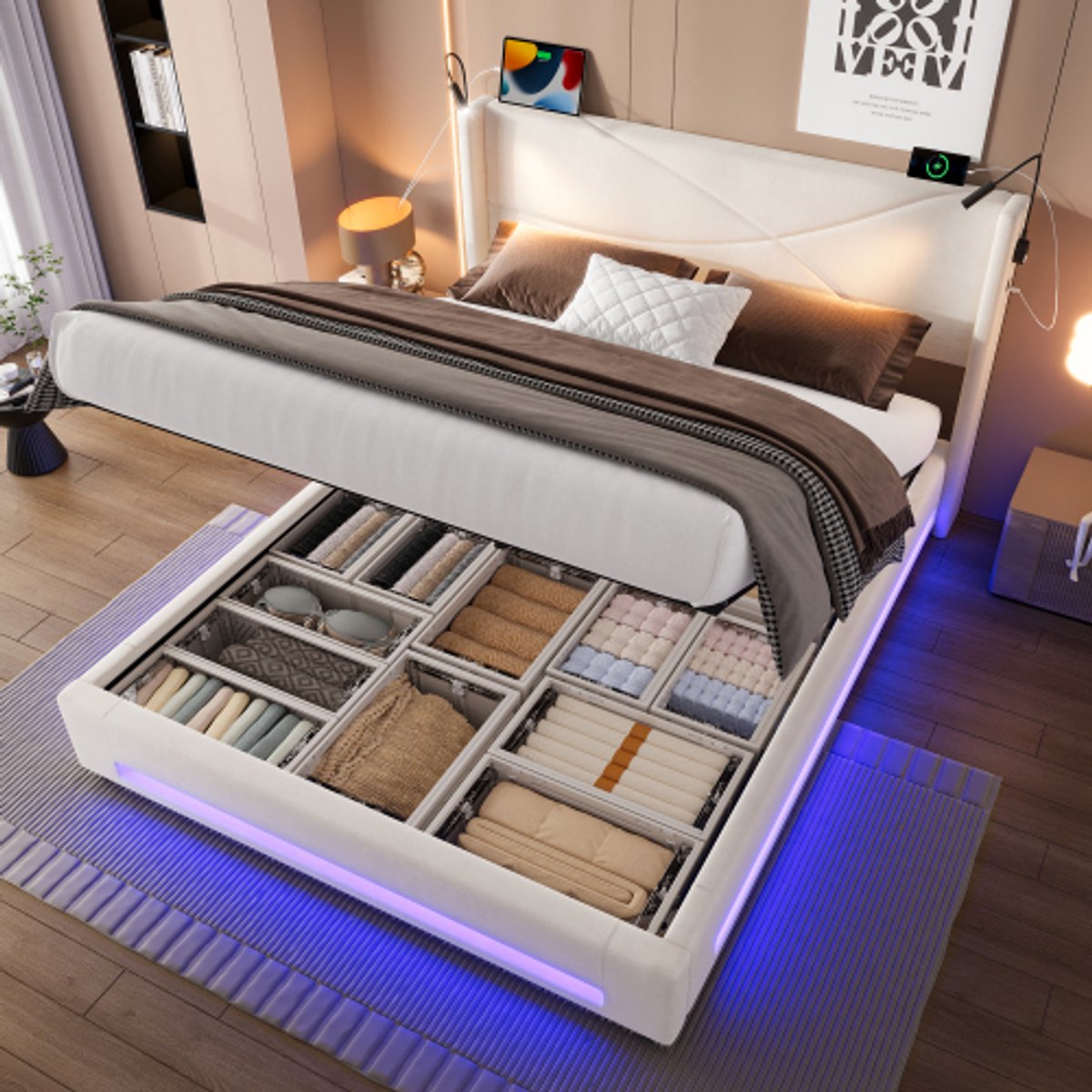 160 x 200 cm bedframe in een modern ontwerp met 2 leesafdichtingen, LED -lichtstroken, hydraulische opslagruimte, stabiele lattenframe -constructie, USB -verbindingen en hoge veerkracht, beige