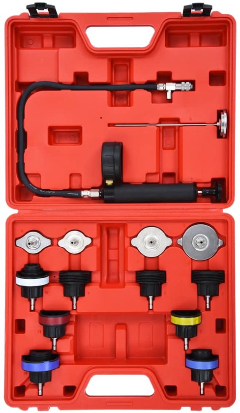 FreeTec 28-delige koelsysteemtester, druktester set, radiator, ontluchter voor vloeistof, koeling voor detectie van lekken in het waterreservoir