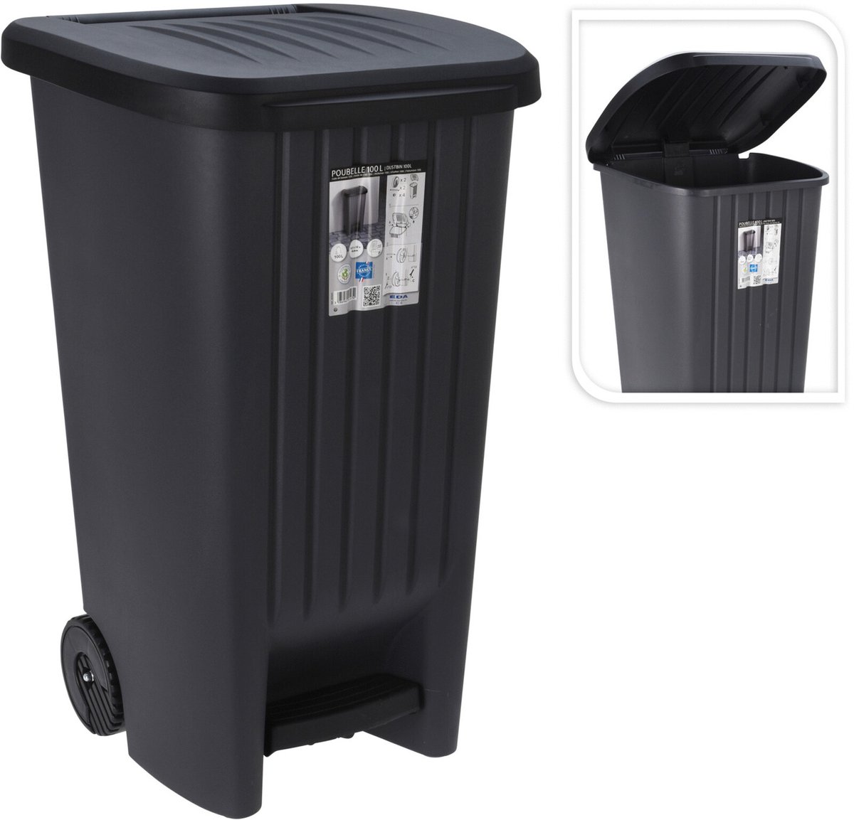 Power Tower Pedaalemmer 110 Liter Met Deksel En Wielen Zwart