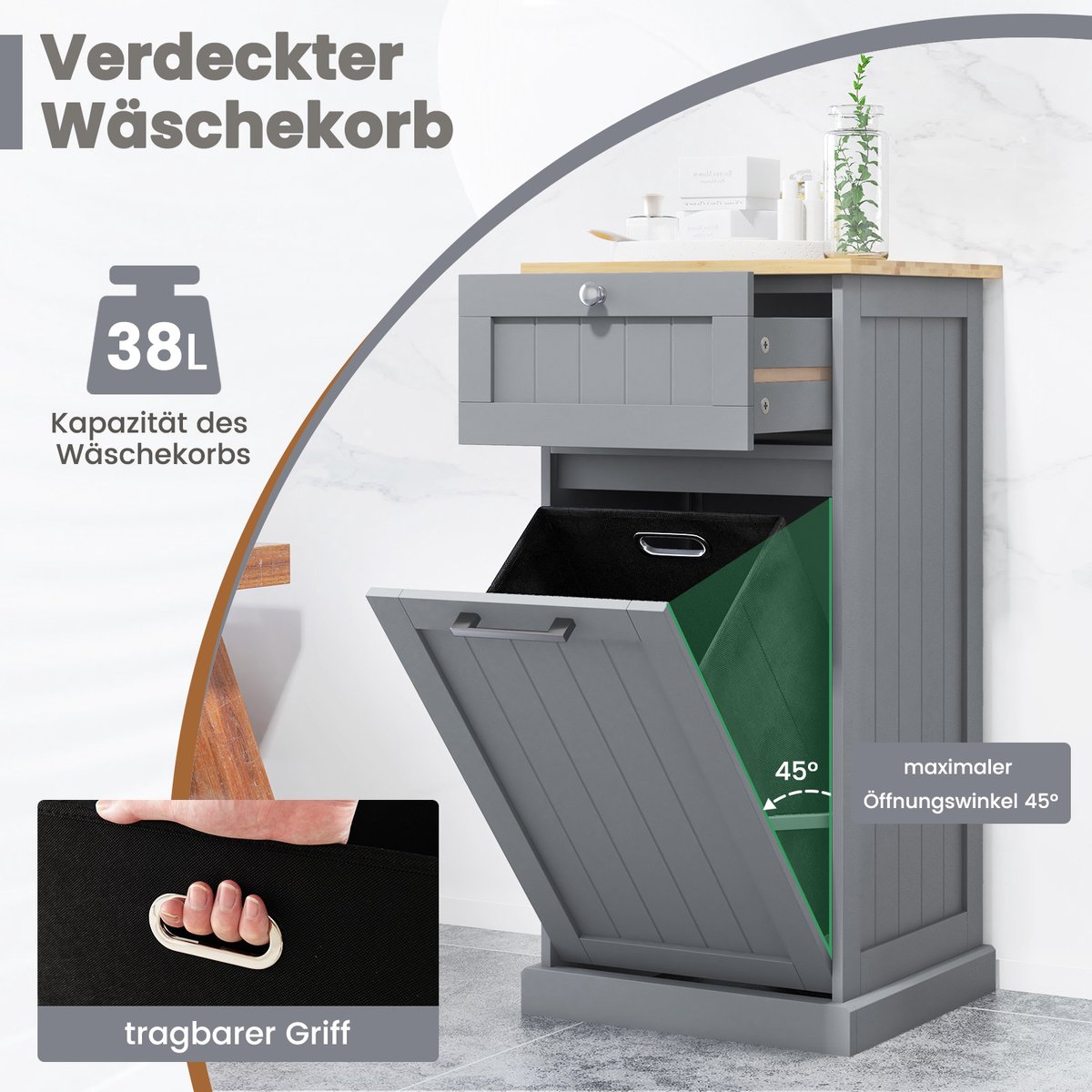 Waskast Met Wasmand, Wasverzamelaar Met Lade, Tafelblad Van Bamboe Badkamerkast Badkamerkast Voor Badkamer Bijkeuken 40 X 37 X 82 Cm Grijs Th32647