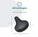 Afmetingen zwart fietszadel: 27 cm lengte, 25 cm breedte, 15 cm hoogte.