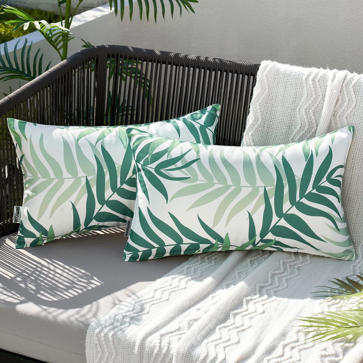 My Ninki ® Decoratieve Waterbestendige Kussenhoezen met Natuurlijke Bladprint voor Binnen en Buiten, Set van 2, Groen