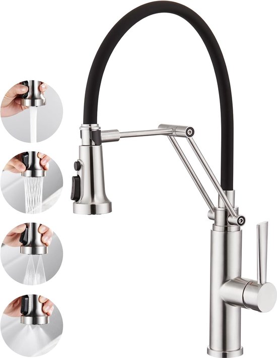 Goodivery ® Keukenkraan met 4 waterstralen verwijderbaar, eengreepsmengkraan voor aanrecht Mengkraan opvouwbaar met zwarte flexibele siliconen zachte slang, geborsteld