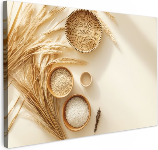 Canvas schilderij 120x80 cm - Exclusieve wanddecoratie Granen - Hout - Kom - Beige - Muurdecoratie accessoires - Keuken decoratie muur - Schilderijen op canvas