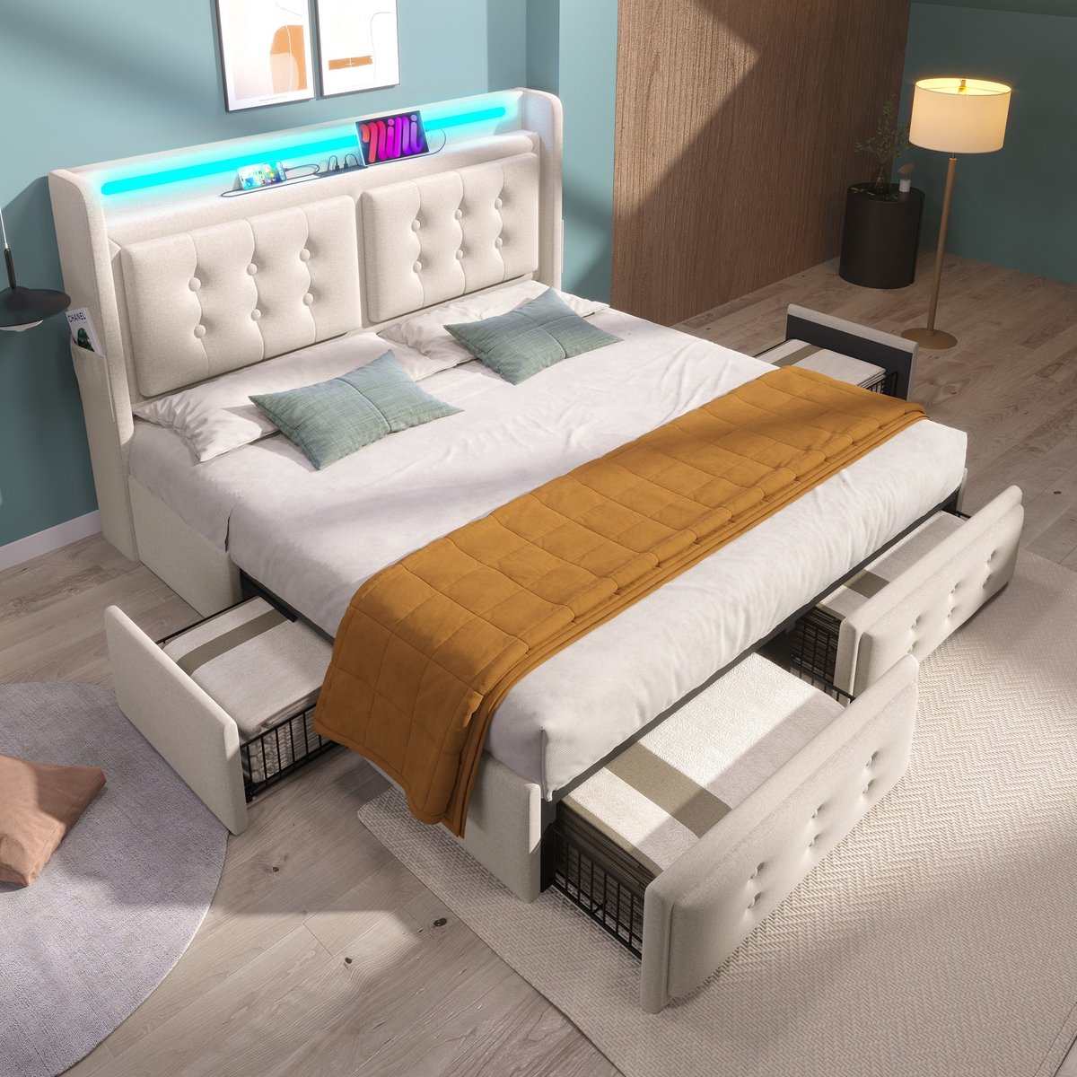 Sweiko Tweepersoonsbed - 160x200cm - LED-verlichting - USB-type C oplaadfunctie - 4 laden - zonder matras - beige