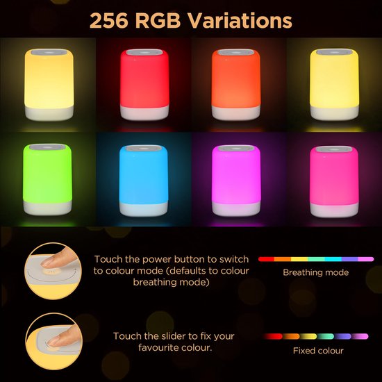 RHYTHMFLAME USB Oplaadbaar Nachtlampje - Warm Licht & RGB Kleuren - Timer - Nachtlampje voor de Slaapkamer - Sfeerlamp - LED verlichting - Leeslamp - Tafellamp - Bedlamp voor Baby, Kinderen & Volwassenen - Dimbaar - Touch Control - Wit van RHYTHMFLAME — afbeelding 3