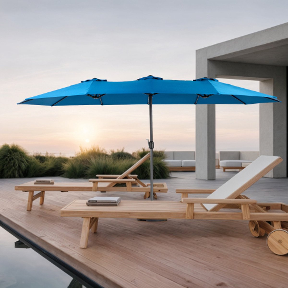 Rectangular large double-sided outdoor parasol with crank mechanism, unfolded dimensions 178.35*105.12 inches. No base included.