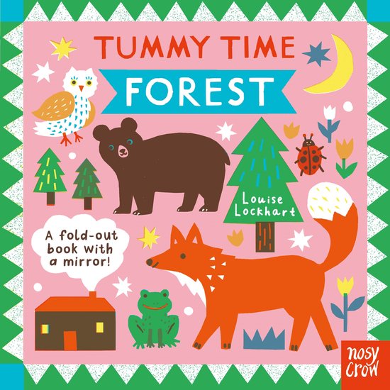 Boek 'Tummy Time Forest' met een uil, beer, vos, kikker, huisje en bomen. Met de tekst 'A fold-out book with a mirror!'