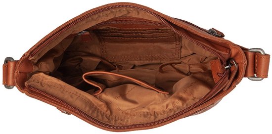 Open bruine leren schoudertas van The Chesterfield Brand, met zichtbare binnenvakken.