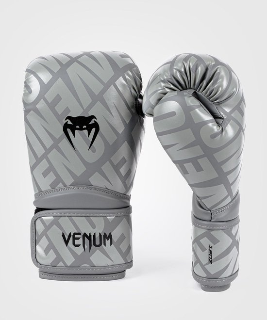Grijze bokshandschoenen met Venum-logo en repetitief patroon. 12 OZ.