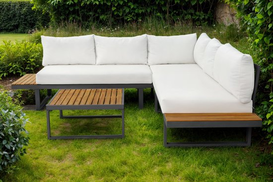 Salon de jardin 5 places en aluminium et bois d'acacia blanc Darcio avec table de jardin