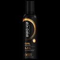 Zwarte spuitbus 'SYOSS CURL MOUSSE 3IN1' met gele accenten en hold-niveaus op zwarte achtergrond.
