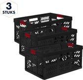 Nordevik Vouwkratten - 3 stuks - 45L - Opvouwbare Kratten - Heavy Duty Vouwkrat - 50kg draagkracht - Kunststof boodschappenkrat - Zwart/Rood