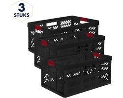 Nordevik Vouwkratten - 3 stuks - 45L - Opvouwbare Kratten - Heavy Duty Vouwkrat - 50kg draagkracht - Kunststof boodschappenkrat - Zwart/Rood