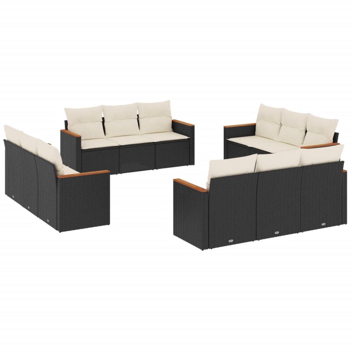 The Living Store 12-delige Loungeset met kussens poly rattan zwart - Loungeset - Tuinset - Lounge Set - Buitendecoratie - Tuinmeubels