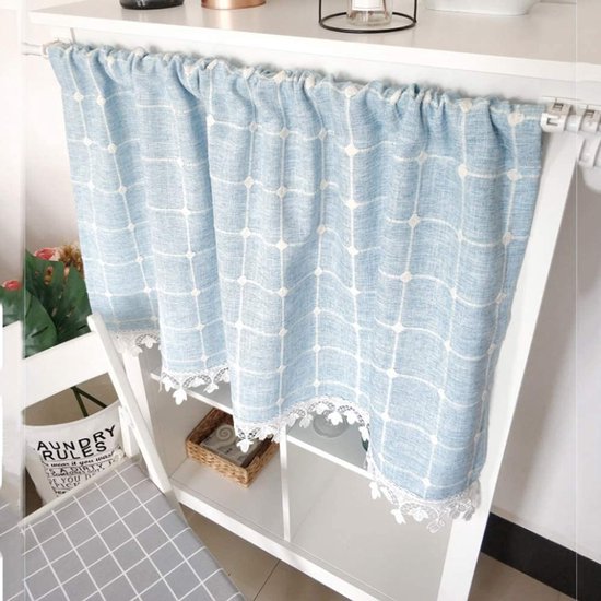 Geruite Café Gordijn, Halve vensterrij korte gordijnen Witte kant pastel lichtfiltering Keuken gordijn landelijke stijl, voor café badkamer balkon slaapkamer, staafzak (Color : Blue, Size : W150xH45