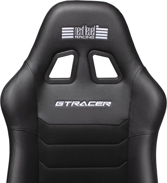 Zwarte GTRacer kuipstoel met Next Level Racing logo en openingen.